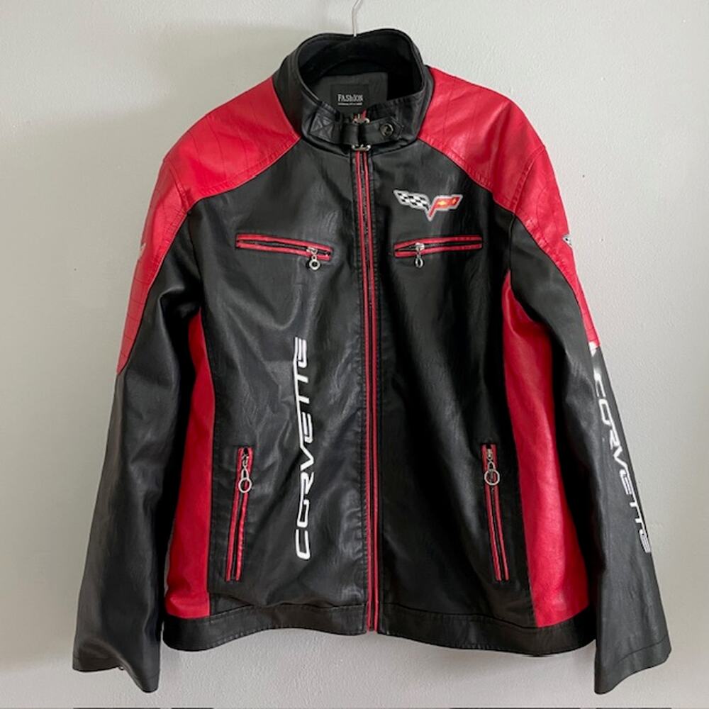 Corvette C7 Racing Jacket Black Red 2XL Faux Leather Moto Coat Streetwear Y2K